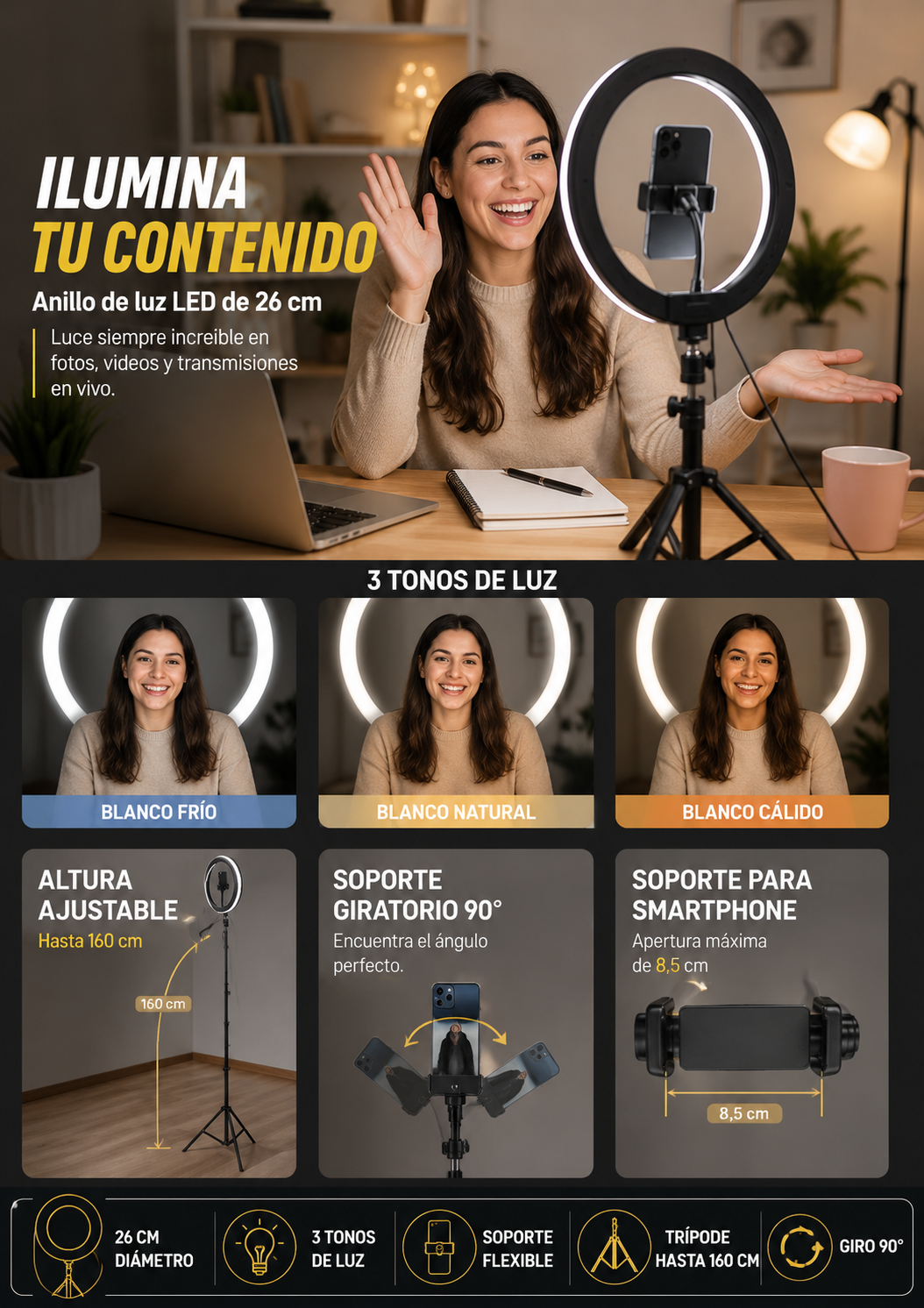 Anillo de Luz LED Profesional con Trípode de 160 cm
