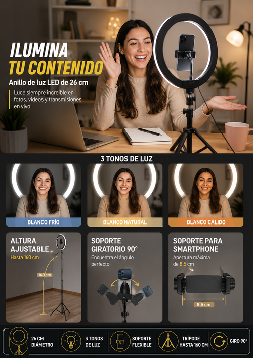 Anillo de Luz LED Profesional con Trípode de 160 cm